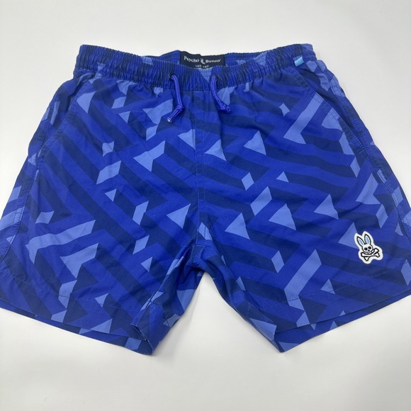 Psycho Bunny Blue Geometric Kids Swimsuit Swim Trunks Sz 7-8